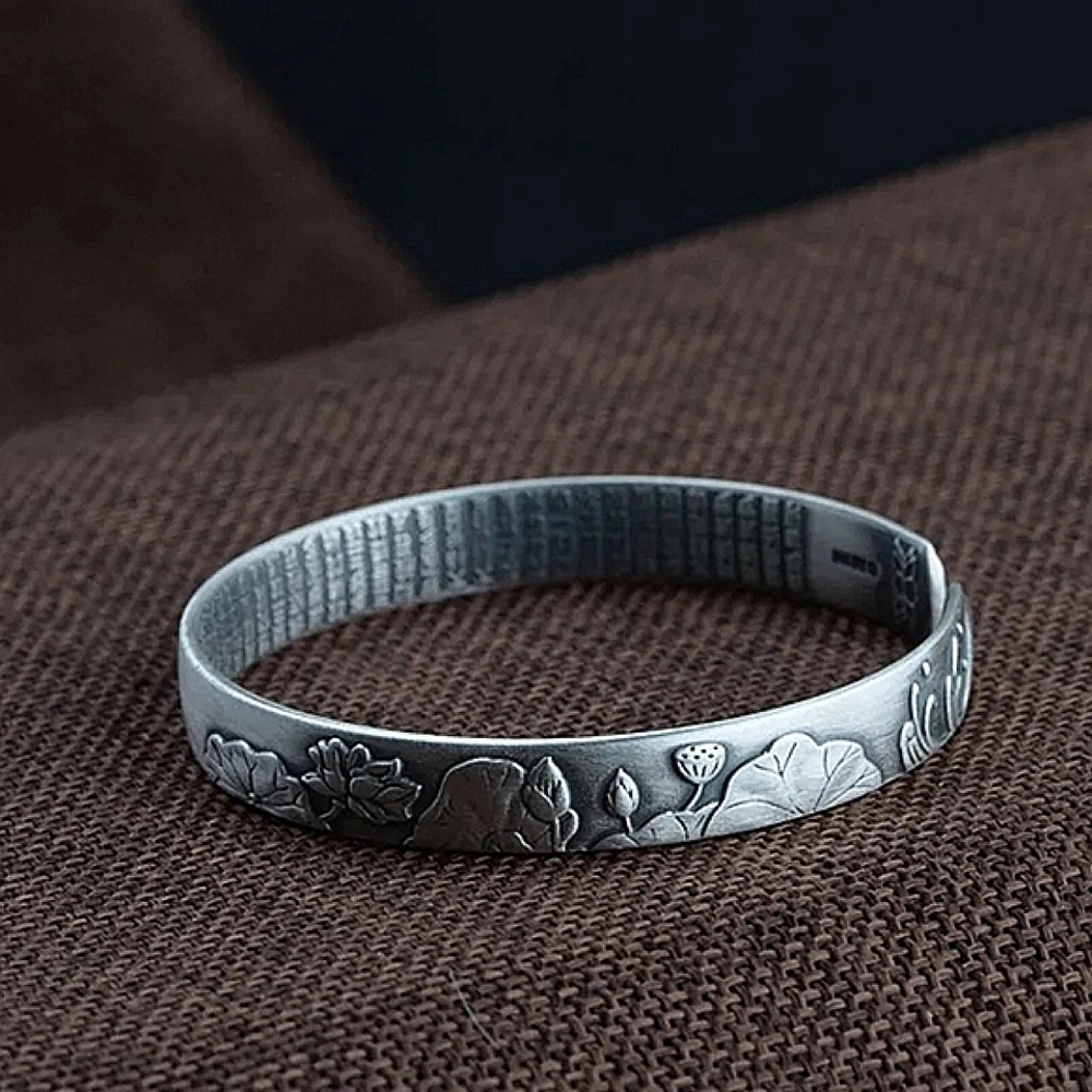 NEW Brushed 999 Pure Silver Lotus Flower Heart Sutra Bracelet - Picture 6 of 11